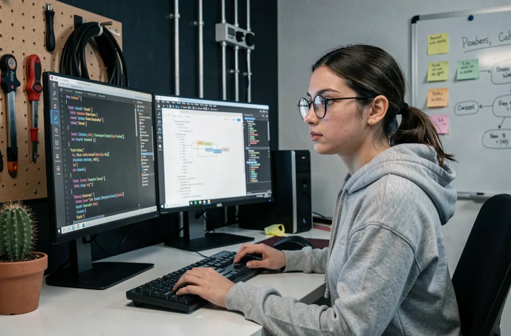 Développeuse web de l'agence Arobace codant un site internet dans un espace de travail technique et organisé
