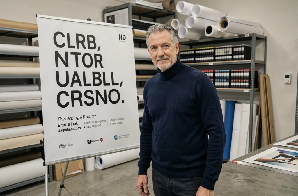 Directeur artistique de Desjeux Créations présentant une production graphique dans un atelier de création professionnel