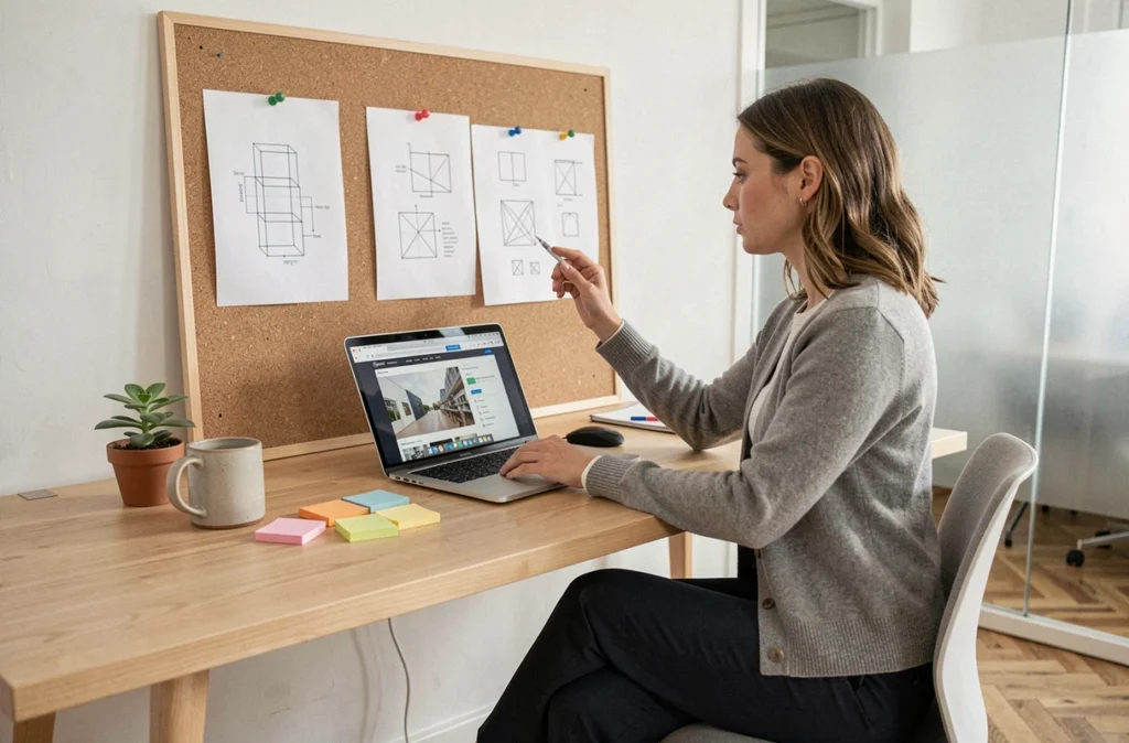 Designer UX de l'agence Iziweb analysant des maquettes de site web dans un studio aux tons scandinaves