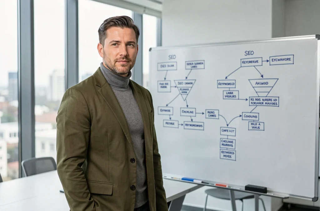 Consultant de l'agence Komtop présentant une cartographie de mots-clés SEO sur un tableau blanc dans une salle de réunion moderne