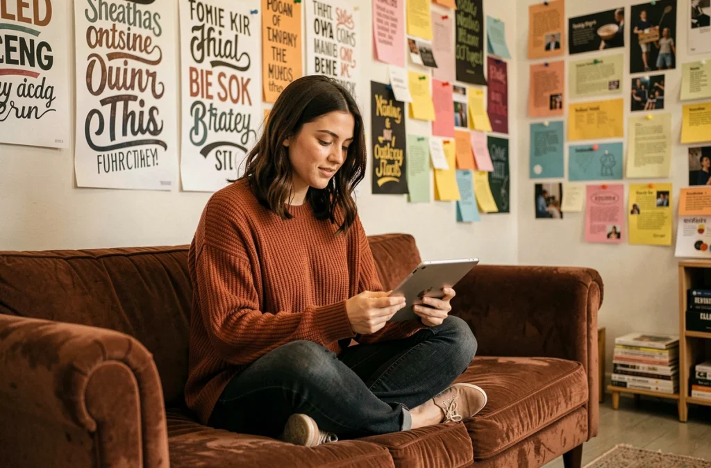 Créative de l'agence Mazette révisant une stratégie de contenu SEO dans un espace de travail artistique et coloré en Vendée