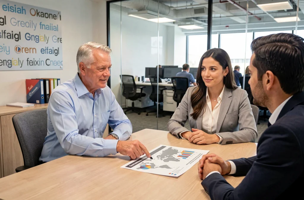 Consultant de l'agence Mediaveille présentant un rapport de performance médias à des clients dans une salle de réunion corporate