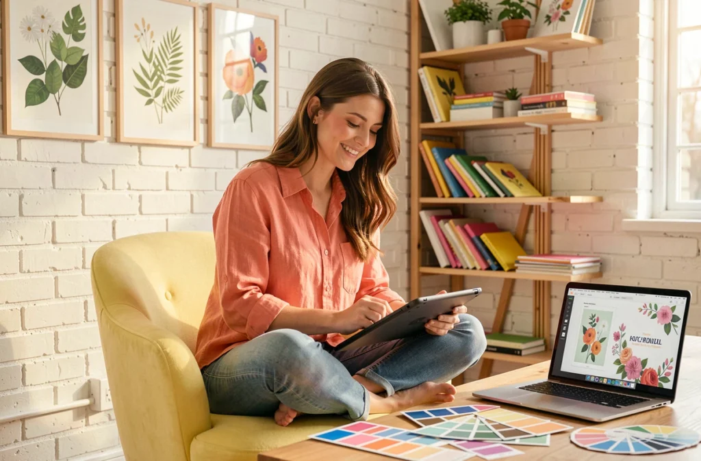 Designer de l'agence Mimosa Communication travaillant sur une identité visuelle colorée dans un studio créatif