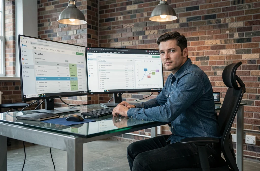 Expert technique de l'agence Noqode réalisant un audit SEO complet sur des écrans multiples dans un bureau industriel moderne