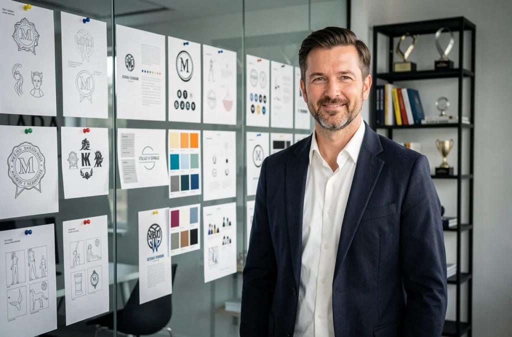 Directeur créatif de l'agence Oscar Black présentant des projets de branding dans un bureau design minimaliste