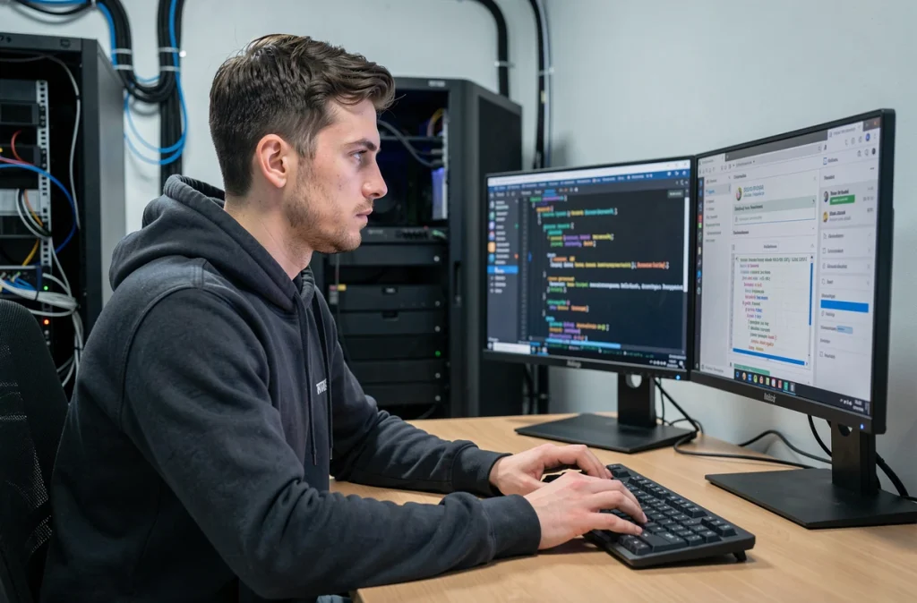 Développeur de l'agence Programmer Solutions travaillant sur un audit SEO et du code informatique dans un espace de travail technique