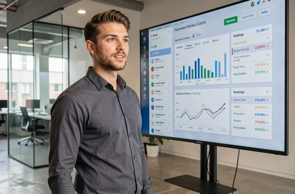Consultant en marketing digital de l'agence Rhillane Marketing Digital présentant une stratégie SEO sur un écran dans un bureau moderne