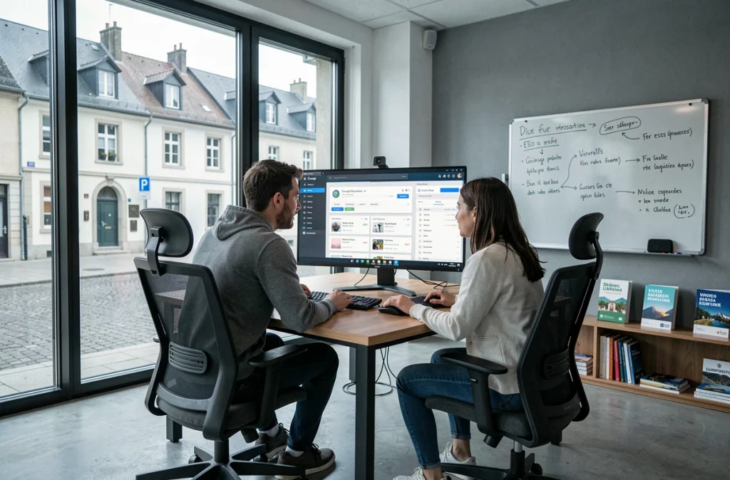 Équipe d'une agence SEO alsacienne analysant des leviers de référencement local sur plusieurs écrans
