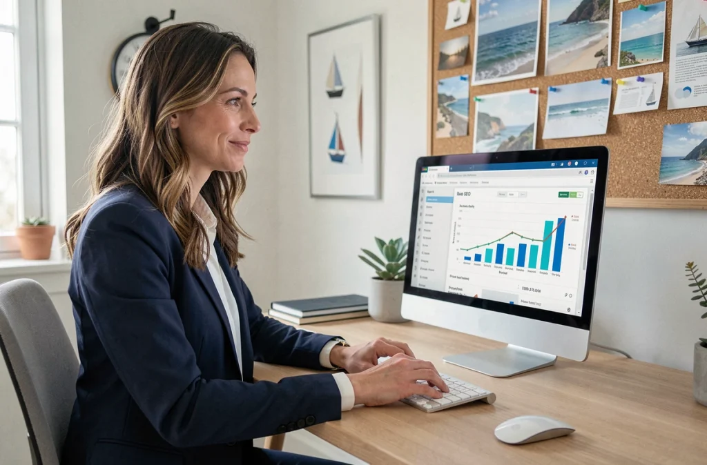 Professionnelle de l'agence Com'Horizon analysant des rapports SEO dans un bureau côtier moderne en Vendée