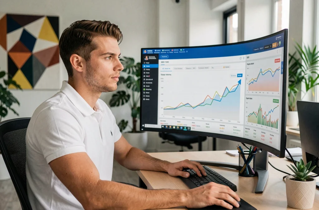 Expert SEO de l'agence Seobooster analysant une montée en trafic organique sur un tableau de bord de référencement en temps réel