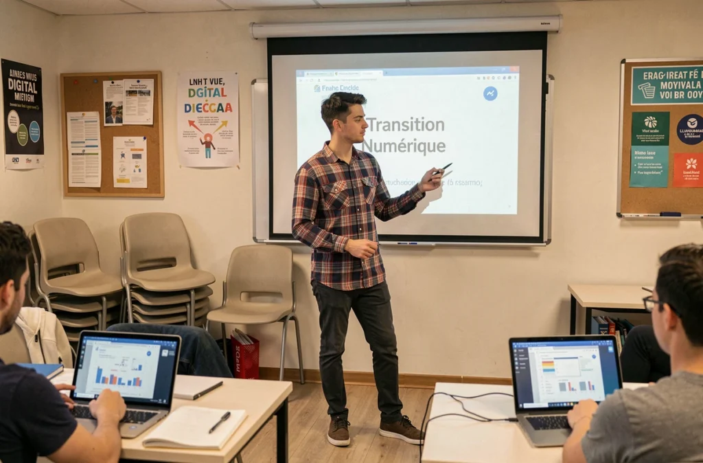 Formateur de Tremplin Numérique animant un atelier de transition numérique dans une salle de formation accessible