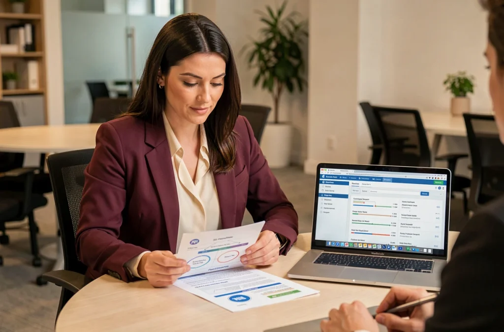 Équipe de l'agence Triaina en réunion stratégique autour d'un document d'analyse SEO dans une salle de travail collaborative