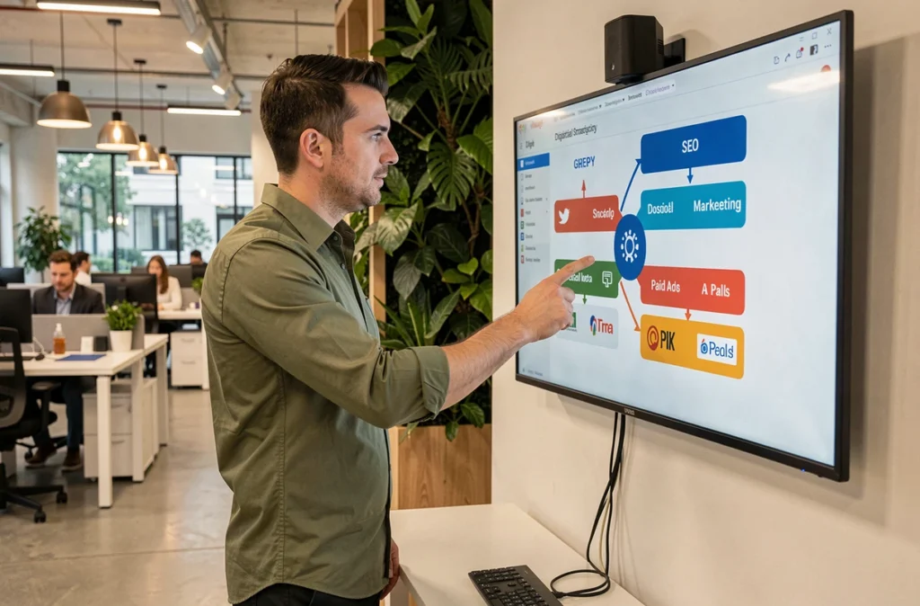 Stratège digital de l'agence Yumens présentant une stratégie multicanale sur un écran interactif en open space