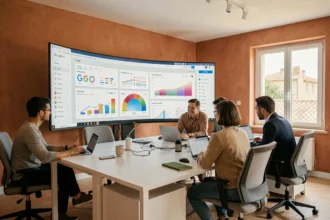 Vue d'ensemble d'une agence Google Ads en Provence-Alpes-Côte d'Azur avec des professionnels du marketing digital travaillant sur des campagnes publicitaires