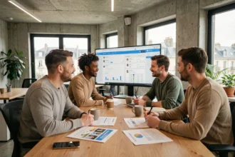 Équipe d'une agence de marketing digital en Maine-et-Loire travaillant ensemble sur une stratégie de communication numérique