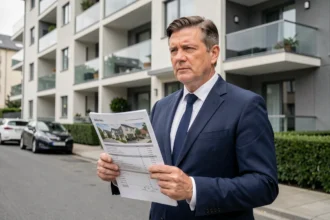 Agent immobilier devant un immeuble résidentiel tenant un document de vente, illustrant les contraintes du portage salarial dans l'immobilier