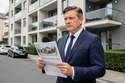 Agent immobilier devant un immeuble résidentiel tenant un document de vente, illustrant les contraintes du portage salarial dans l'immobilier