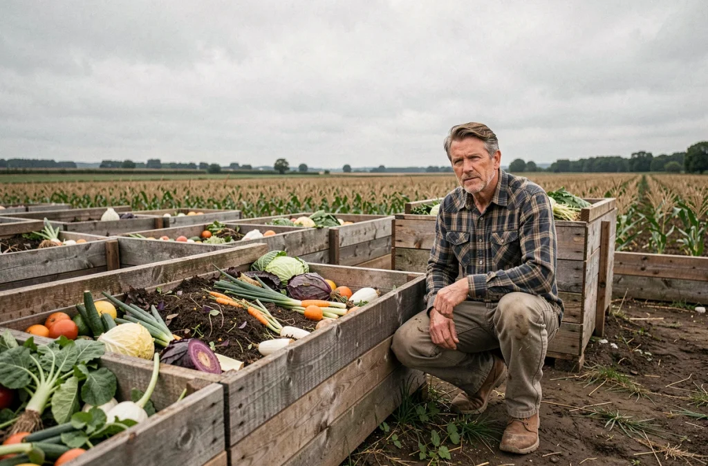 Agronome examinant un composteur de déchets organiques sur une ferme agroalimentaire pratiquant l'économie circulaire