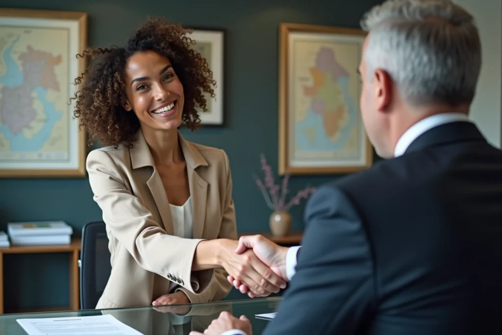 Entrepreneuse française signant un accord de financement régional avec un conseiller économique lors d'une réunion professionnelle