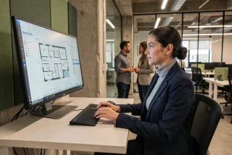 Une cheffe de projet examine un plan d'aménagement d'espace collaboratif dans un bureau moderne en open space adapté au télétravail hybride
