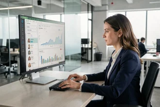 Professionnelle analysant des données d'entreprises sur un écran pour cibler des prospects B2B avec Pappers