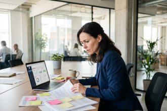 Femme cadre analysant une liste de prospects B2B sur un bureau en open space avec ordinateur et documents imprimés