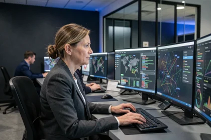 Analyste en cybersécurité d'une grande entreprise du CAC 40 surveillant des tableaux de bord de menaces réseau sur plusieurs écrans dans un centre opérationnel sécurisé