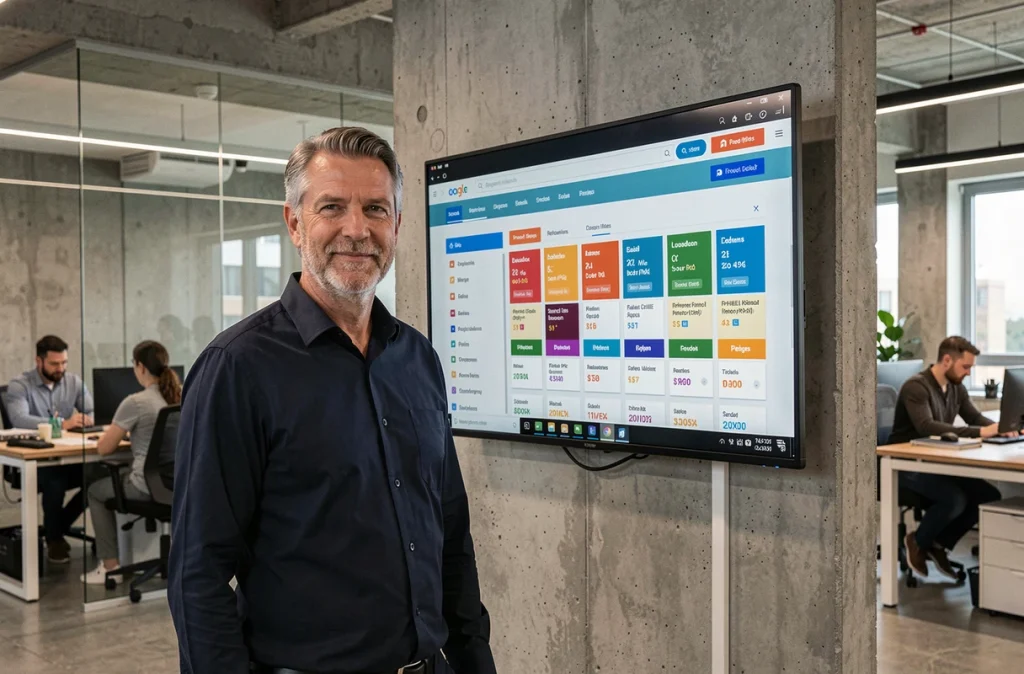 Homme consultant un annuaire de marques en ligne sur grand écran dans un bureau professionnel
