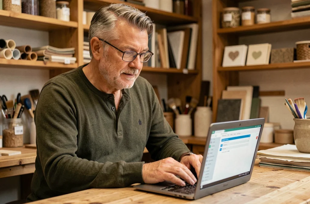 Artisan de PME utilisant un logiciel d'intelligence artificielle pour gérer son inventaire dans son atelier
