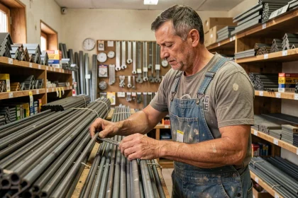 Artisan du bâtiment sélectionnant des barres en acier dans une quincaillerie locale spécialisée en vente de fer au détail