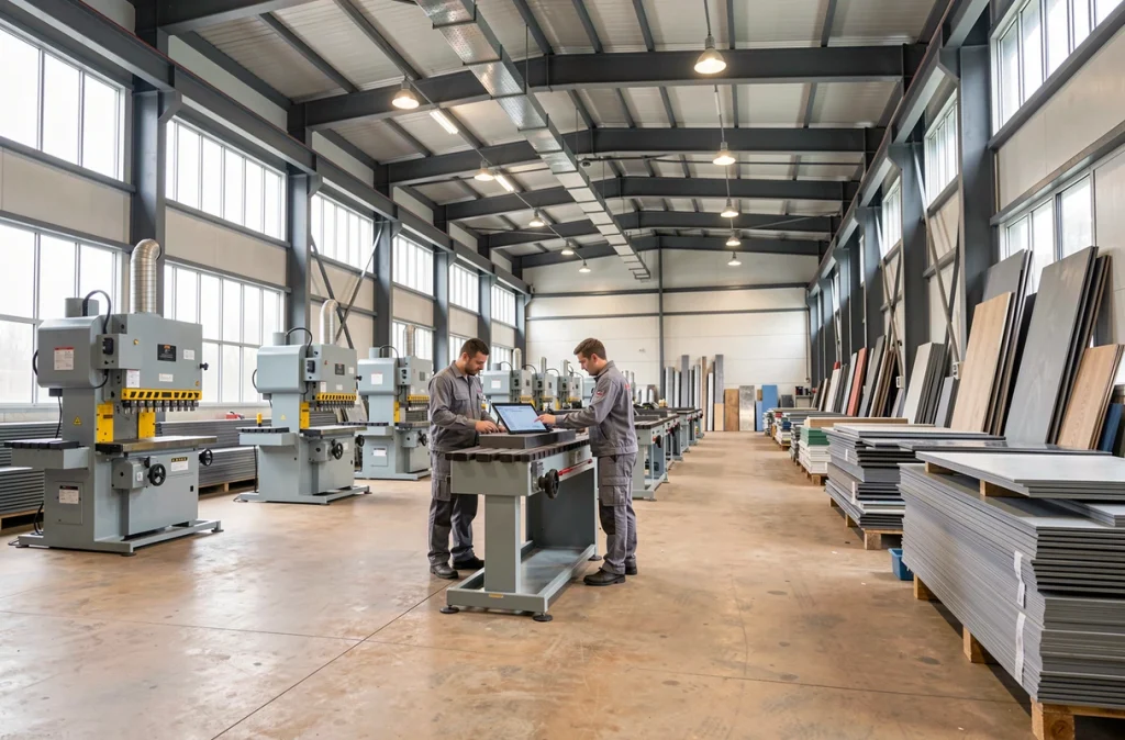 Vue générale de l'atelier de pliage métallique sur mesure avec machines à commande numérique et ouvriers au travail