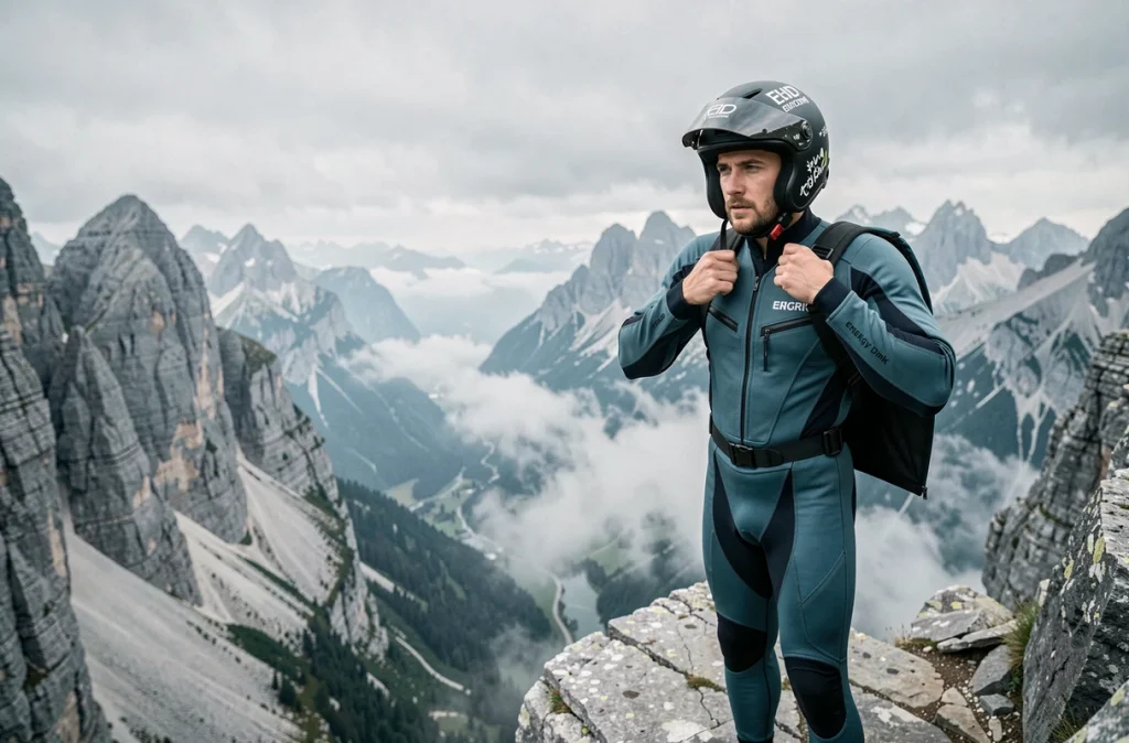 Athlète en combinaison wingsuit au bord d'une falaise alpine lors d'un événement extrême sponsorisé par Red Bull