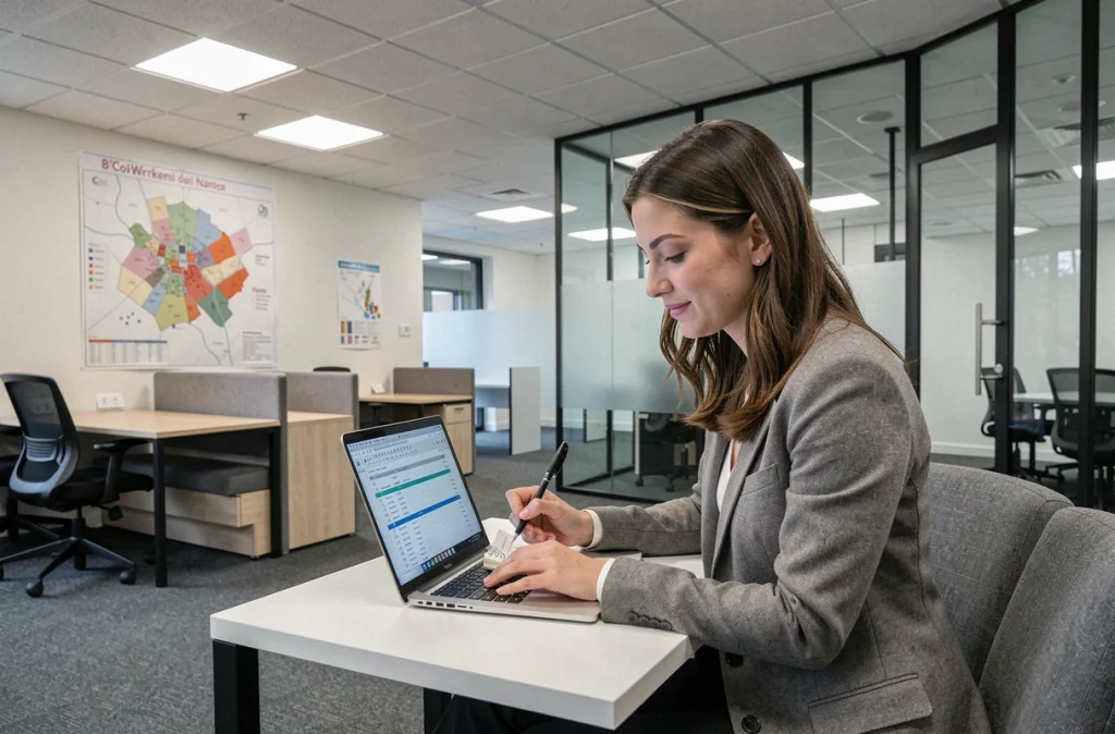 Espace de coworking B'CoWorker en zone d'activité avec une professionnelle prenant des notes à son bureau