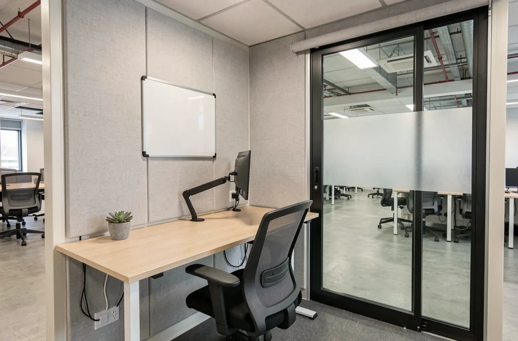 Box de bureau privatif vide prêt à la location dans un espace de coworking moderne, avec mobilier ergonomique et cloison vitrée
