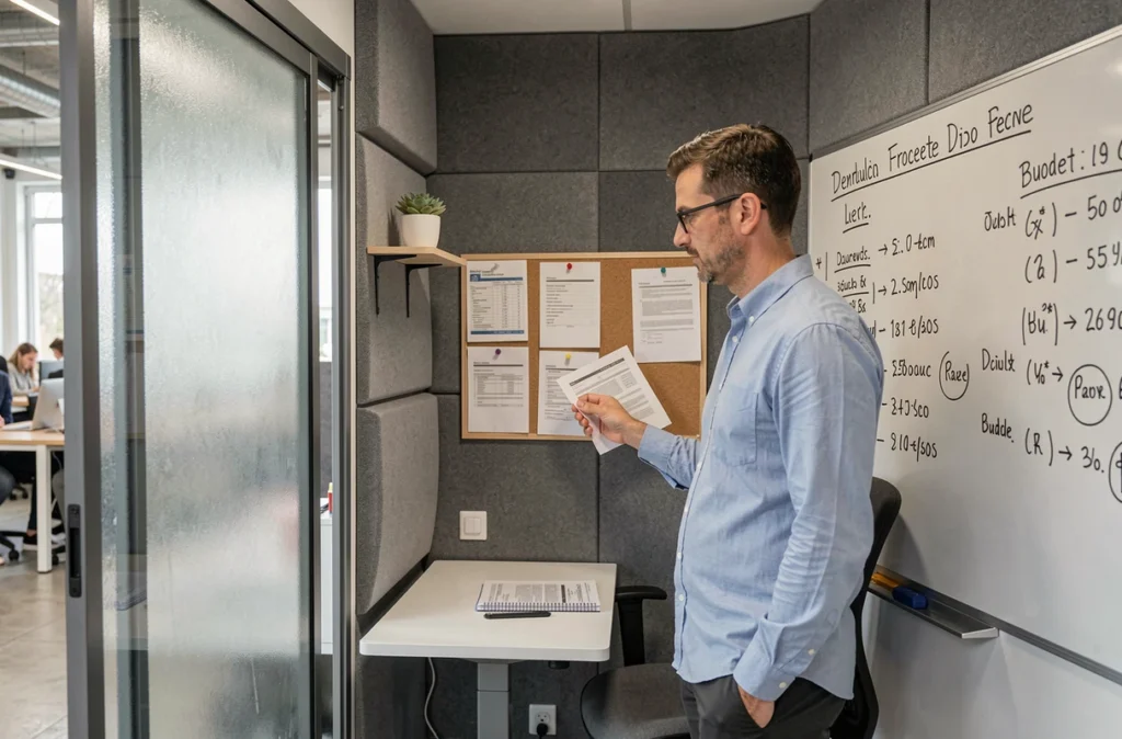 Homme analysant les tarifs d'un espace de coworking dans un bureau privatif avec tableau de prix à Aix-en-Provence