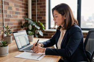 Femme consultante en portage salarial calculant son TJM sur ordinateur portable avec documents financiers