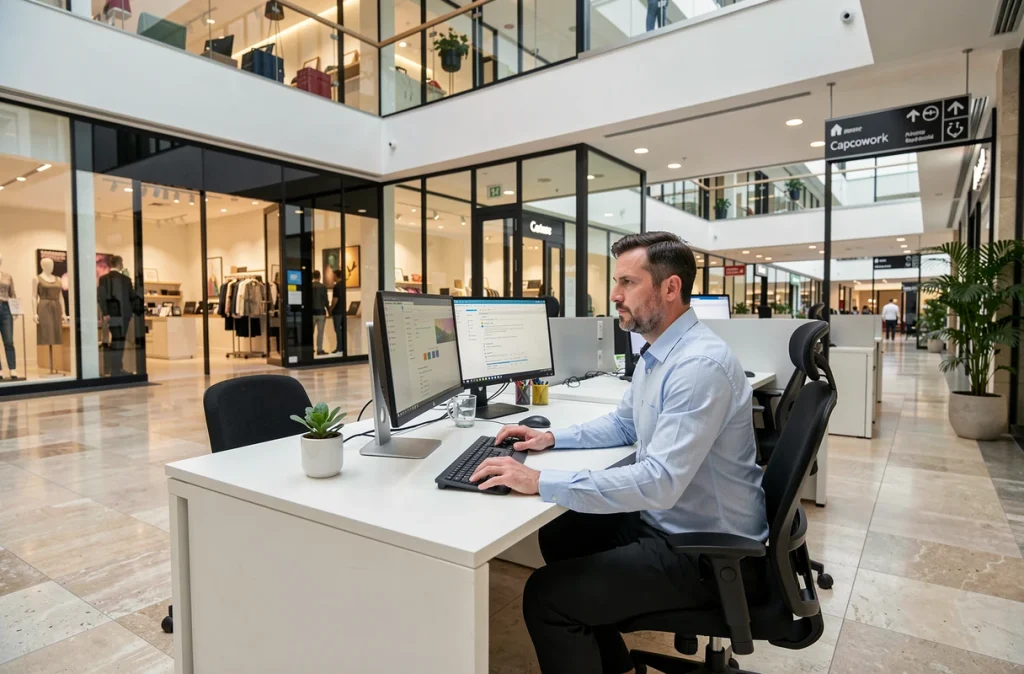 Espace de coworking Capcowork Angers situé dans la galerie Espace Anjou avec un professionnel à son poste de travail