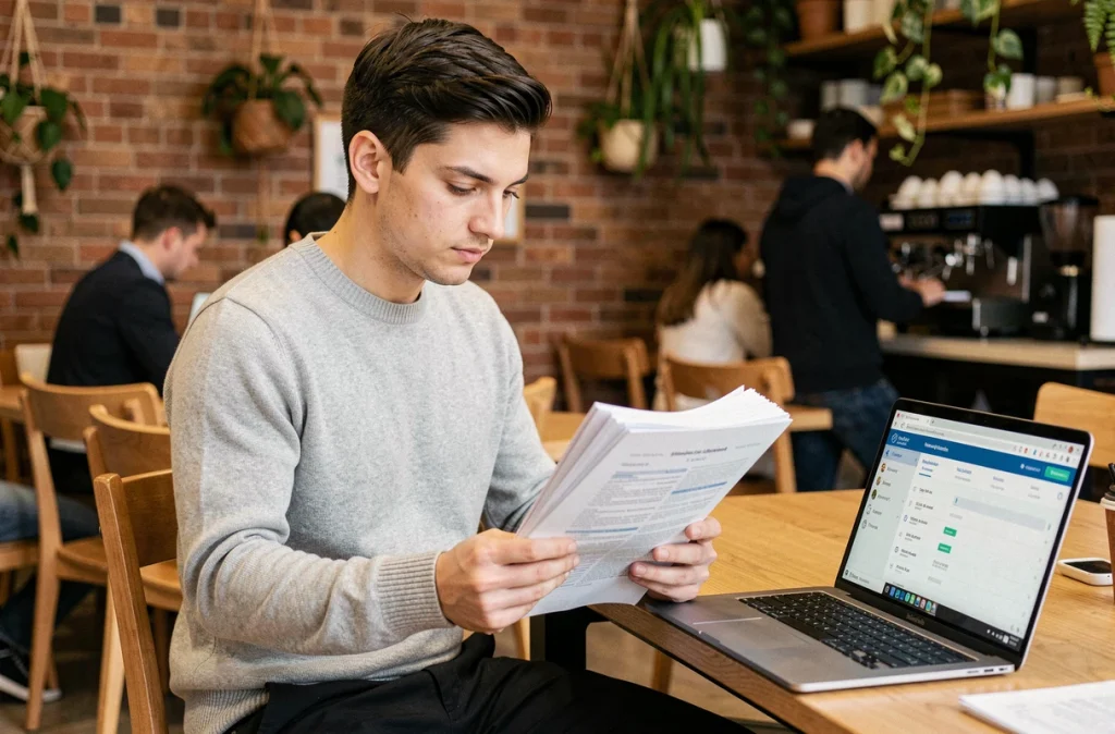 Chargé de recrutement analysant des CV dans un espace de coworking de start-up en 2024