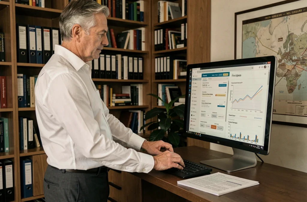 Chef d'entreprise consultant un site d'actualité PME sur grand écran dans son bureau exécutif