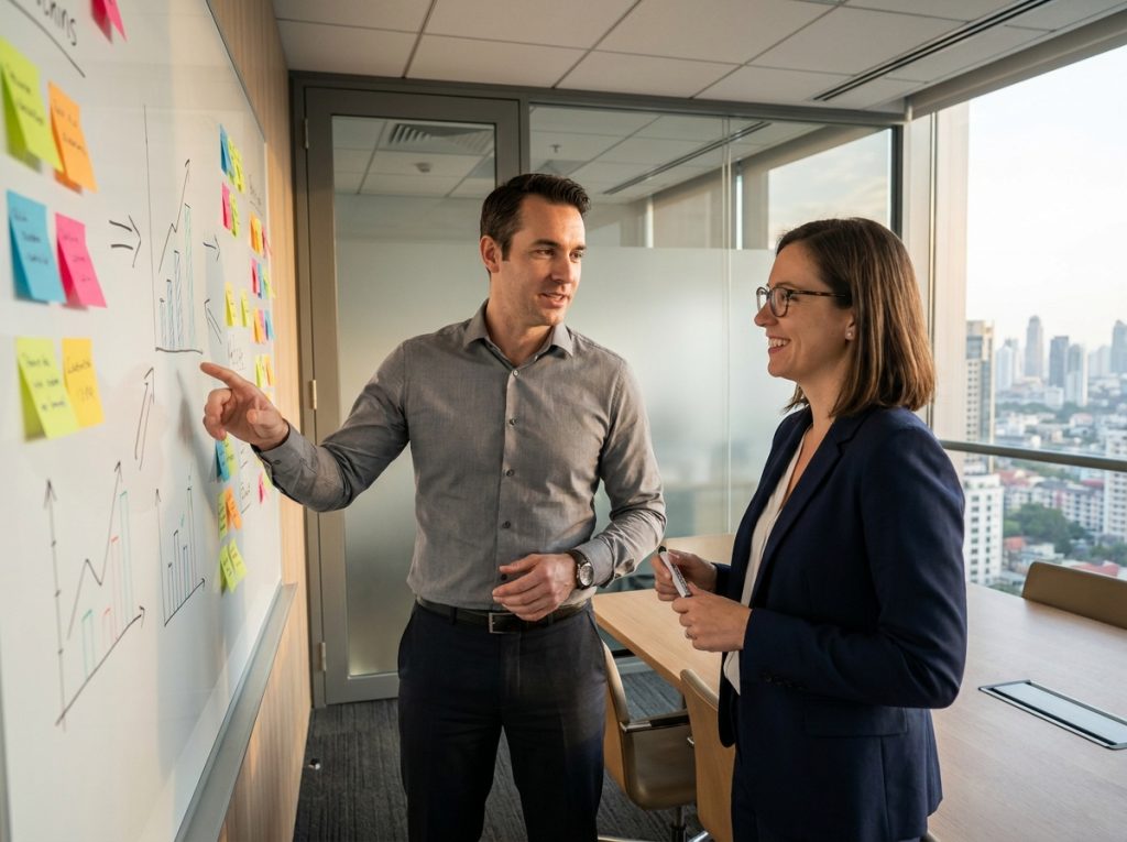 Deux professionnels collaborant devant un tableau blanc avec des personas et segments de prospects B2B