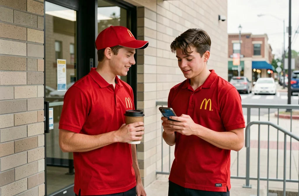 Deux jeunes collègues en uniforme McDo vérifiant leur salaire sur un téléphone à la sortie du restaurant