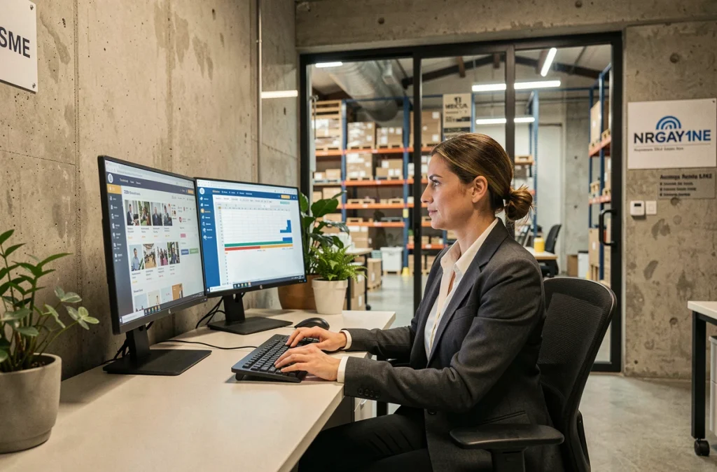 Commerciale PME industrielle travaillant sur une marketplace B2B depuis son bureau en open space