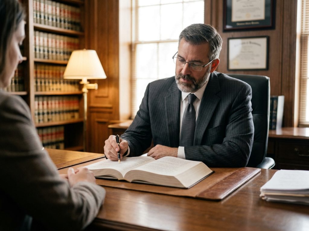 Conseiller juridique et fiscal en cabinet expliquant les clauses d'un contrat de transmission d'entreprise à un dirigeant lors d'une consultation