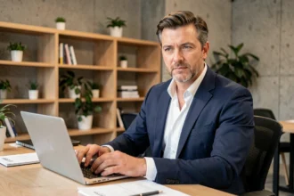 Consultant indépendant en portage salarial travaillant sur son ordinateur dans un espace de coworking moderne
