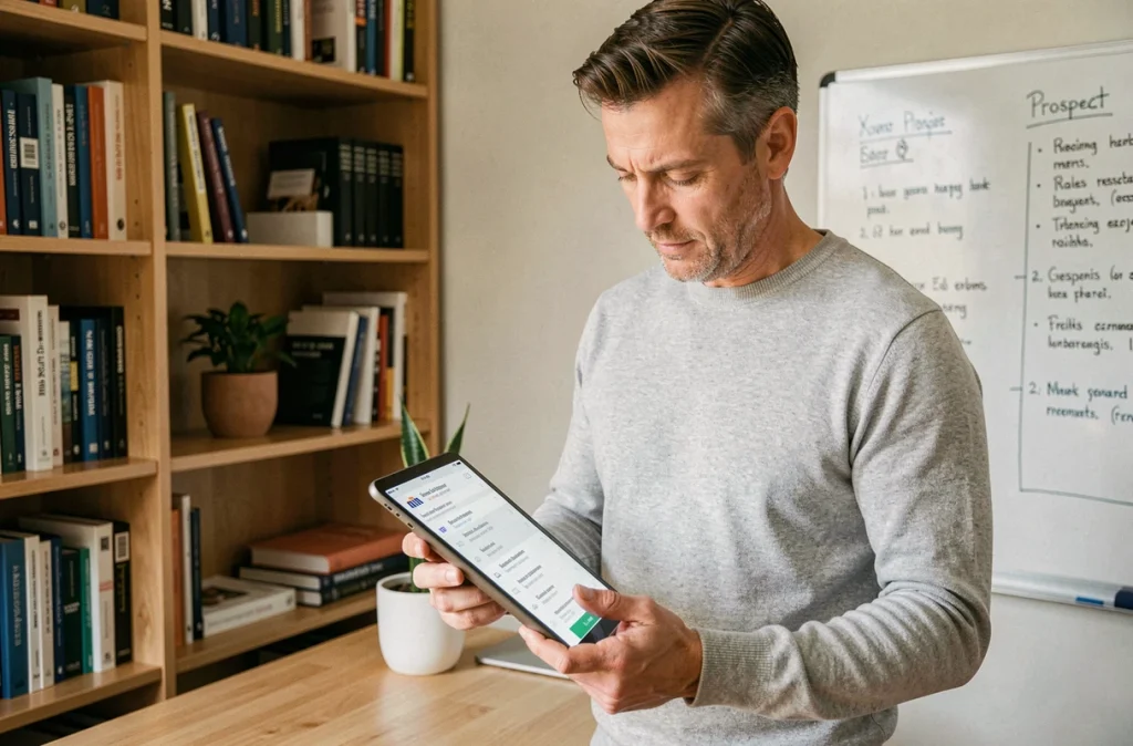 Commercial consultant utilisant une tablette pour rechercher des entreprises cibles dans le cadre d'une prospection B2B