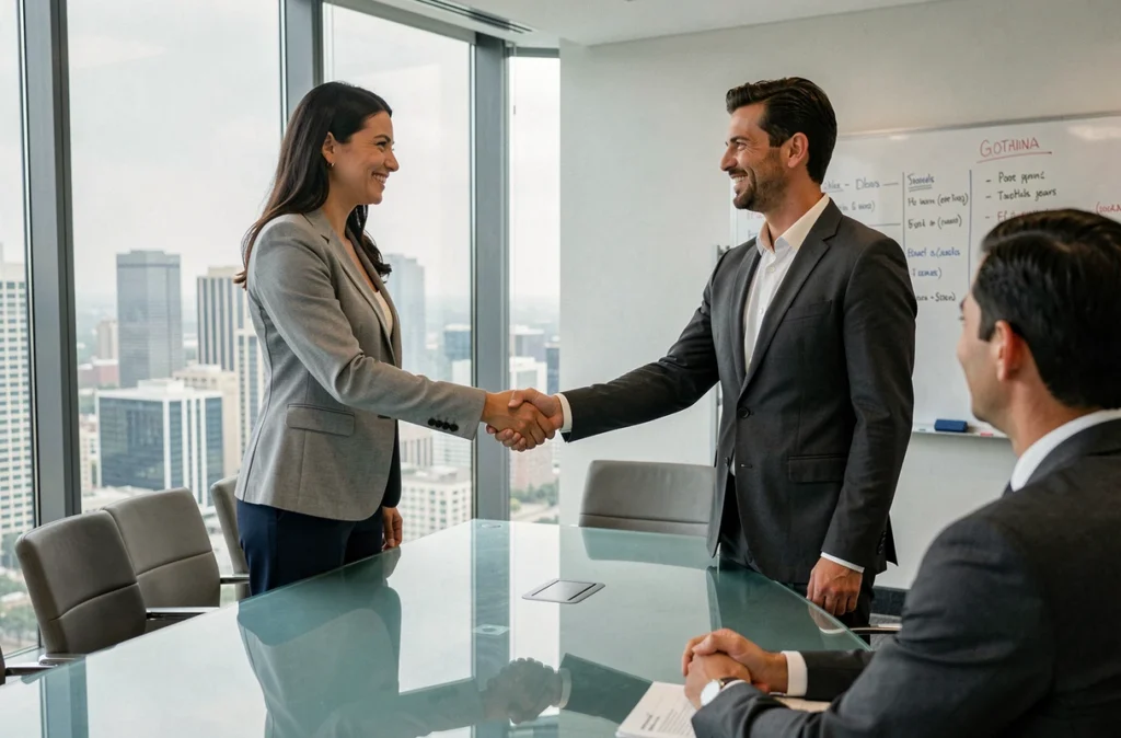 Consultante en portage salarial signant un accord commercial avec un client dans une salle de réunion d'entreprise