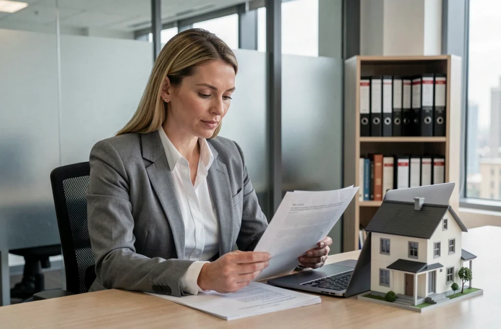Femme consultant un contrat immobilier dans un bureau, symbolisant les restrictions légales du portage salarial face à l'immobilier