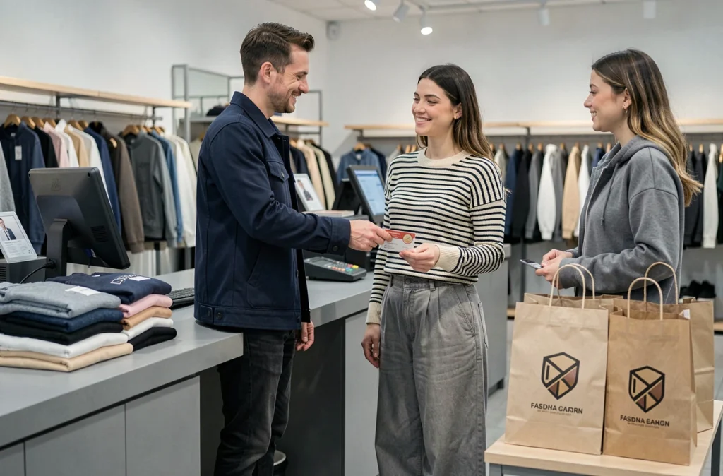 Couple utilisant un chèque Shopping Pass en caisse dans un magasin de vêtements tendance