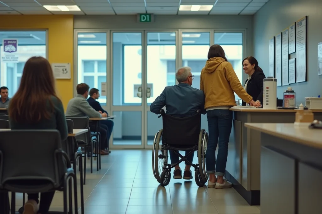 Couple dont un homme en fauteuil roulant renseignant leurs droits aux allocations dans une CAF après un salaire ESAT
