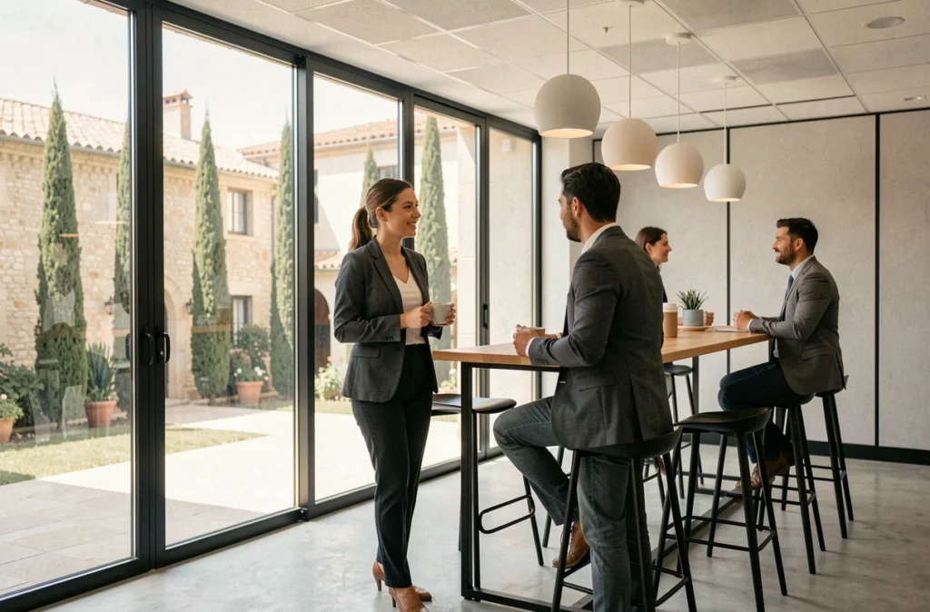 Femme professionnelle en discussion dans l'espace lounge d'un coworking moderne à Aix-en-Provence avec vue sur une cour provençale
